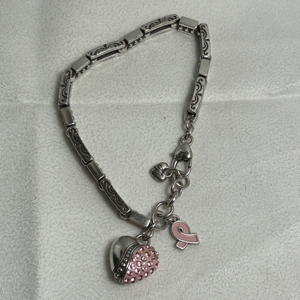 Brighton Power of Pink Bracelet Silver Plated Pink Crystals Heart Charm 8"